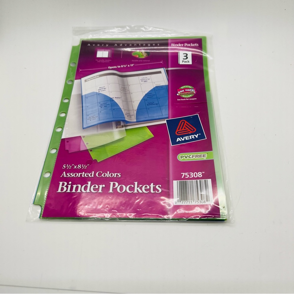 NWT AVERY® FOLD-OUT BINDER POCKETS, 5-1/2 X 8-1/2, ASSORTED, 3/PACK